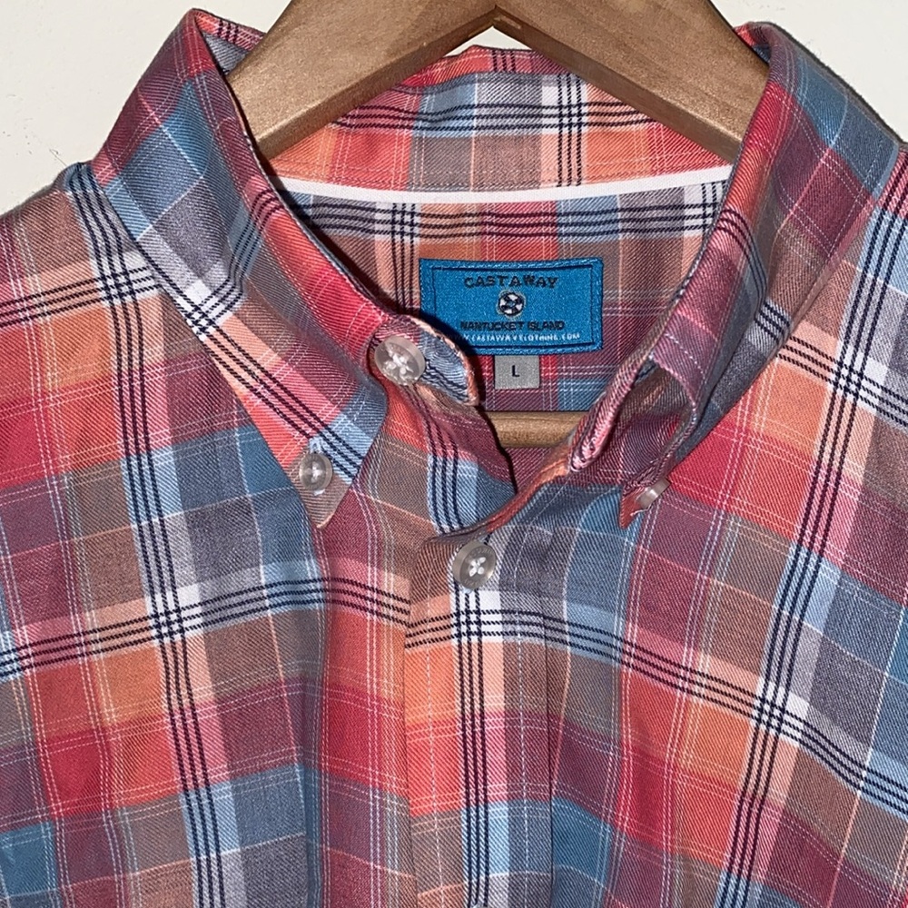 Castaway Nantucket pink blue coral Madras plaid cotton button down shirt Sz L